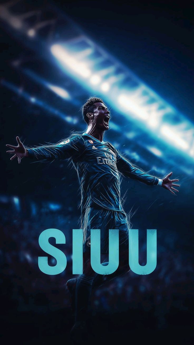 Soccer player in action with 'SIUU' text on a dark background