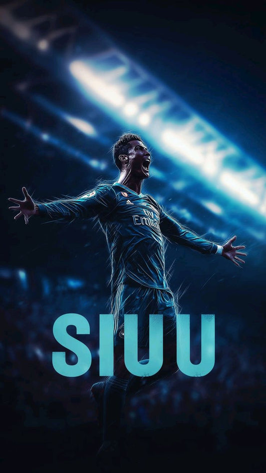 Soccer player in action with 'SIUU' text on a dark background