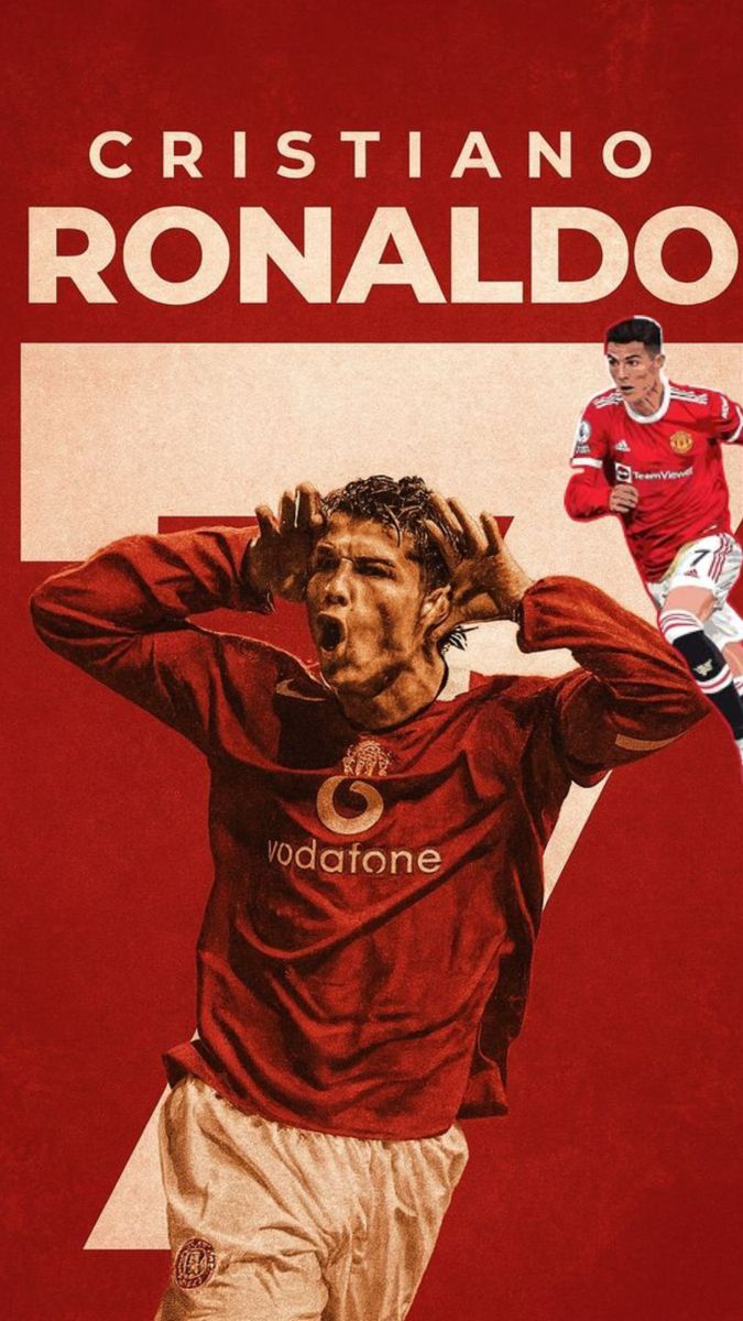 Soccer player in a red jersey with 'Vodafone' on a red background, featuring the name 'Cristiano Ronaldo'.