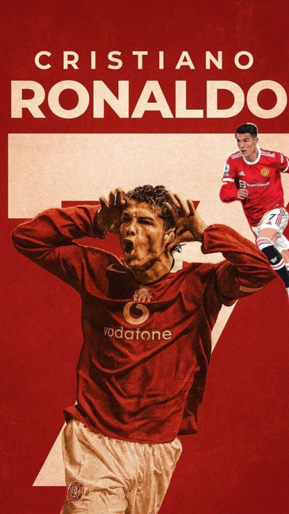 Soccer player in a red jersey with 'Vodafone' on a red background, featuring the name 'Cristiano Ronaldo'.