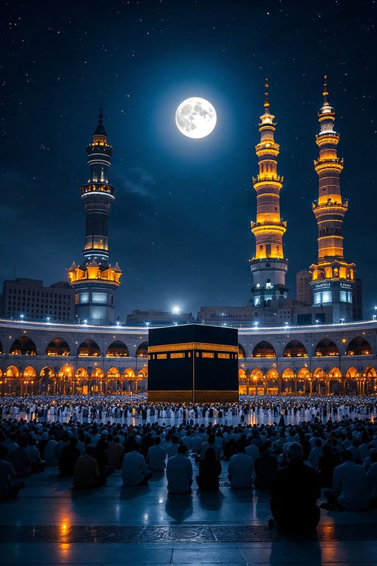 Kaaba with two tall minarets under a full moon at night.
