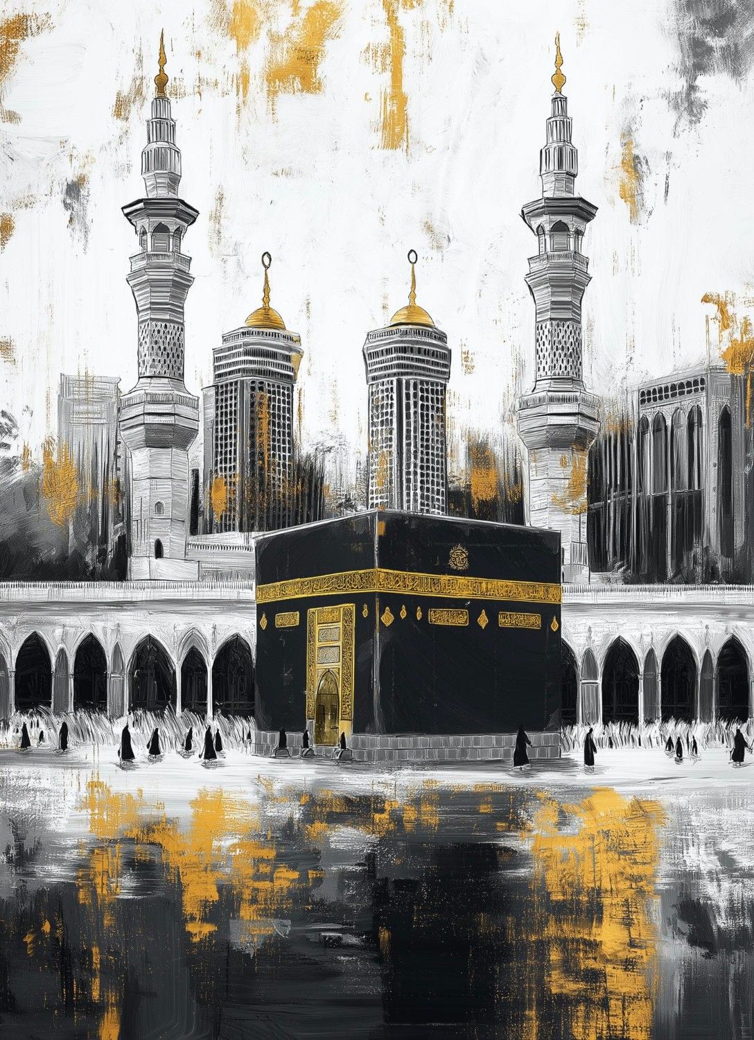 Artistic depiction of the Kaaba with minarets and architectural elements in a stylized manner.