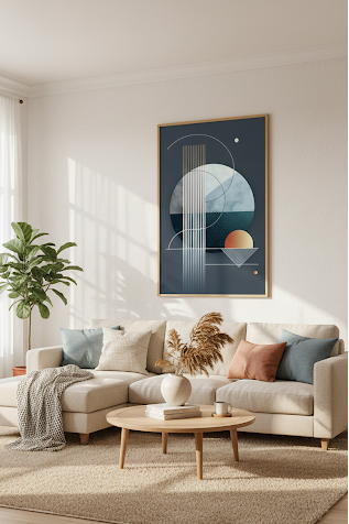 Modern living room with a beige sectional sofa, abstract art on the wall, and a wooden coffee table.