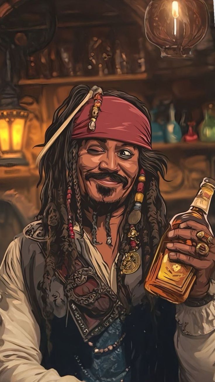 Character holding a bottle in a bar setting