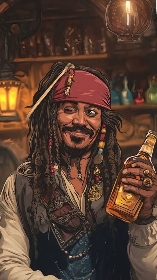 Character holding a bottle in a bar setting