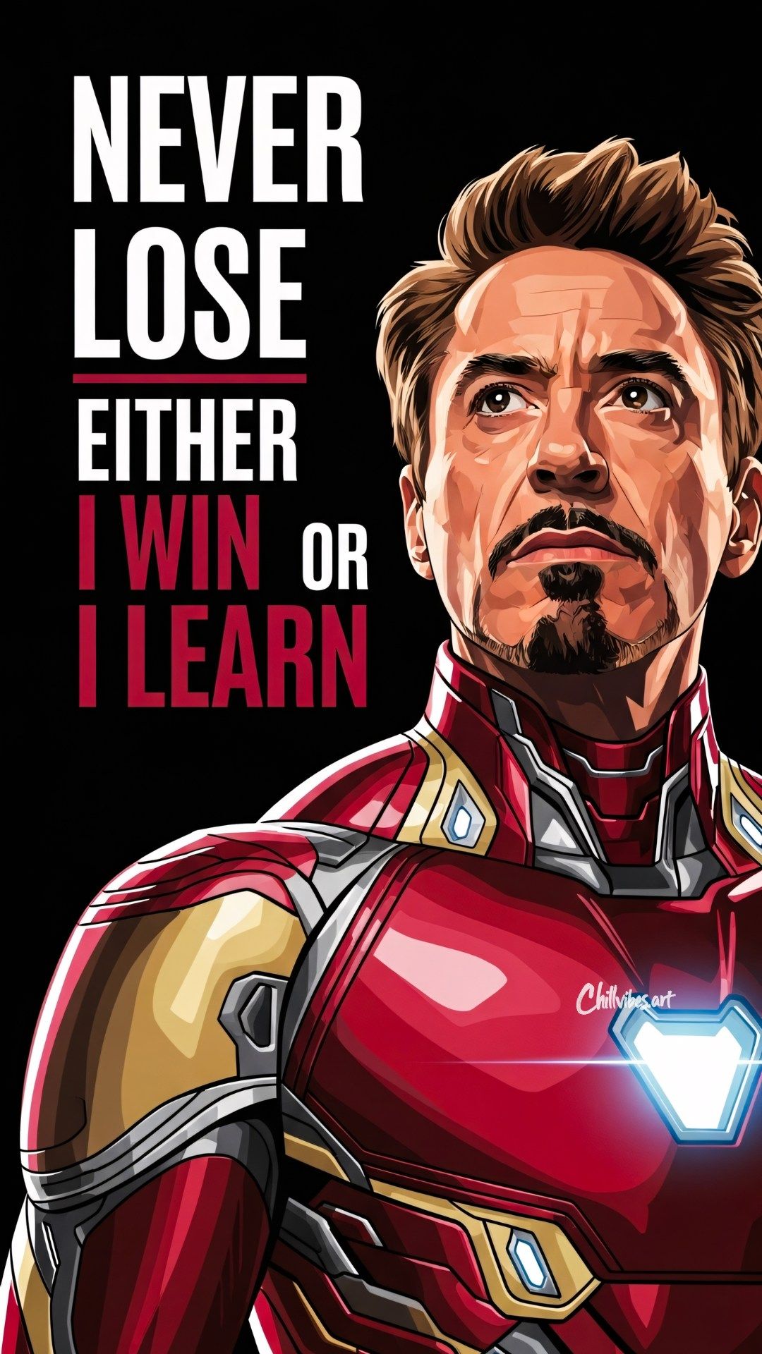 Character in a red and gold suit with motivational quote on a black background