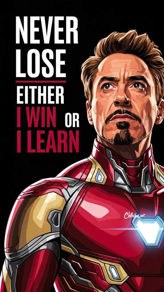 Character in a red and gold suit with motivational quote on a black background