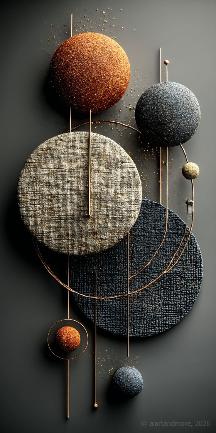Geometric arrangement of textured spheres on a dark background