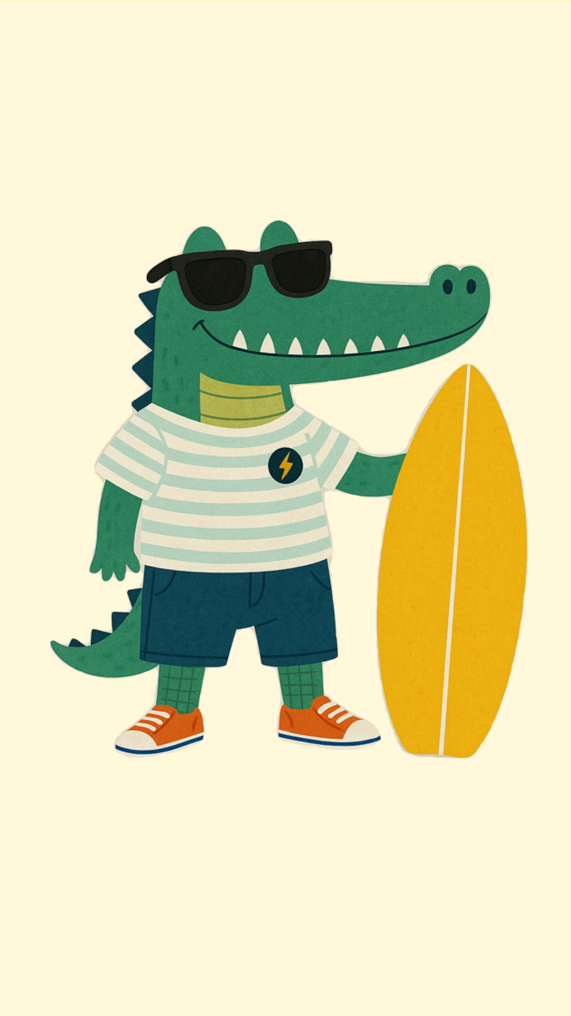Illustration of a cartoon crocodile wearing sunglasses and shorts, holding a surfboard on a beige background.