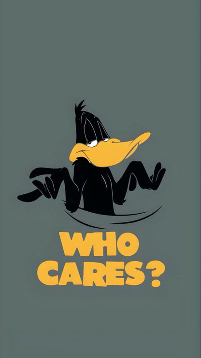 Cartoon character with 'WHO CARES?' text on a gray background