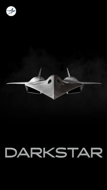 Black and white image of a stealth aircraft with 'Darkstar' branding on a dark background
