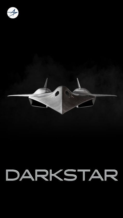 Black and white image of a stealth aircraft with 'Darkstar' branding on a dark background