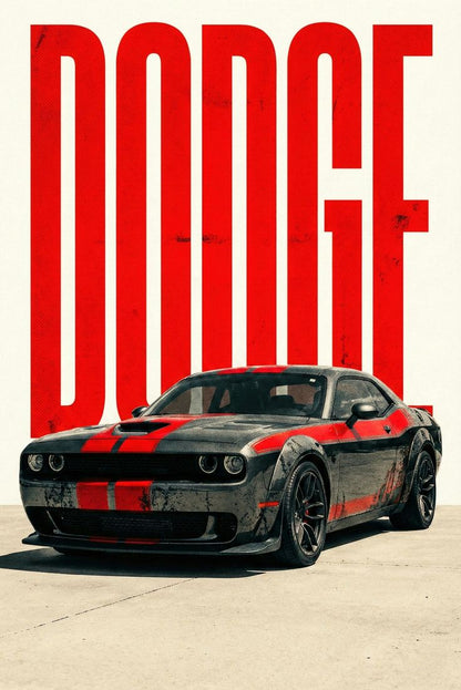 Dodge car with red and black design on a beige background