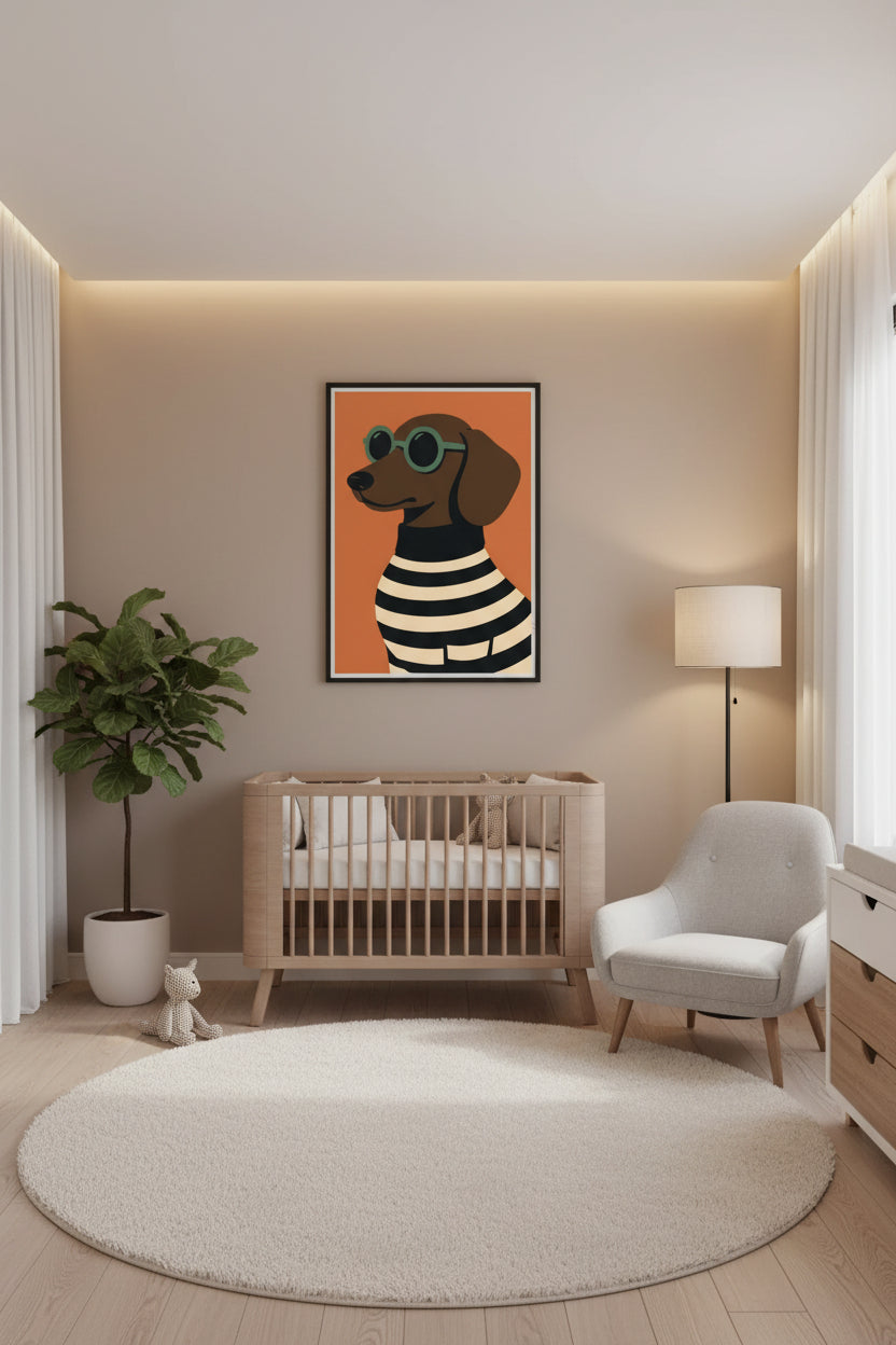 Dog wearing sunglasses and a striped sweater on an orange background
