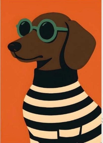Dog wearing sunglasses and a striped sweater on an orange background