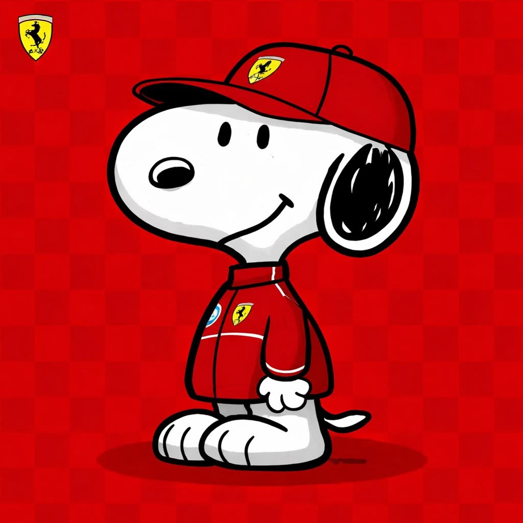 Cartoon dog character wearing a red outfit with Ferrari logo on a red checkered background