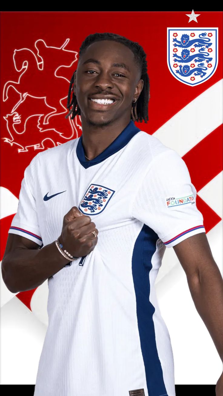 Person wearing an England soccer jersey with a red background featuring the English flag.
