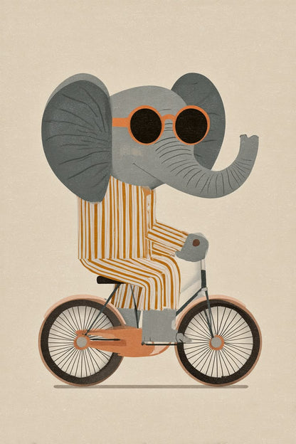 Illustration of an elephant riding a bicycle on a beige background