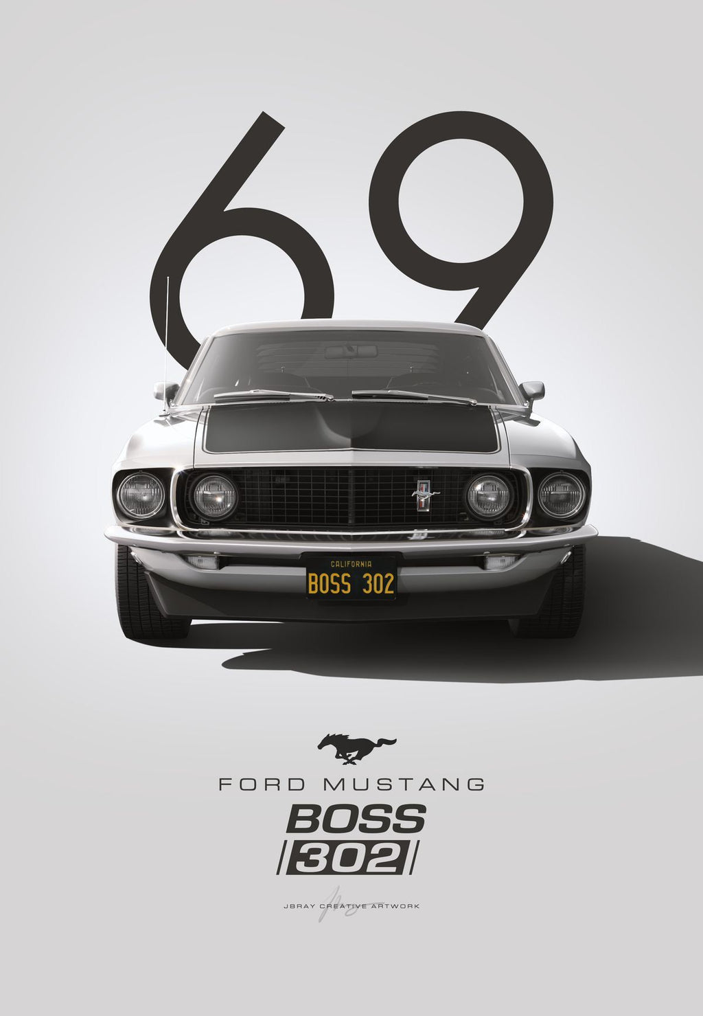 Ford Mustang Boss 302 with '69 design on a gray background