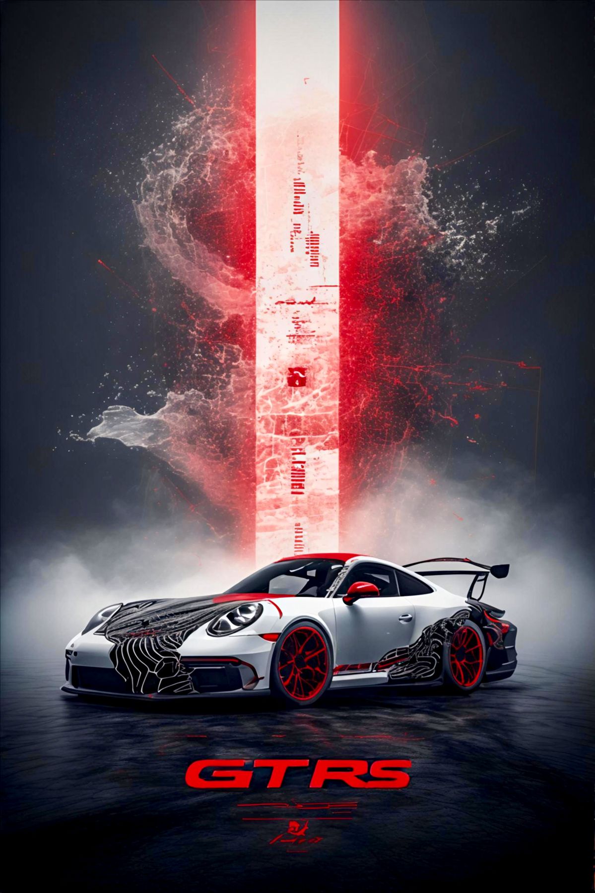 Supercar with 'GTS' branding on a dark background with red and white design elements.