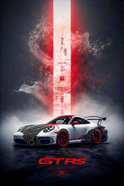 Supercar with 'GTS' branding on a dark background with red and white design elements.