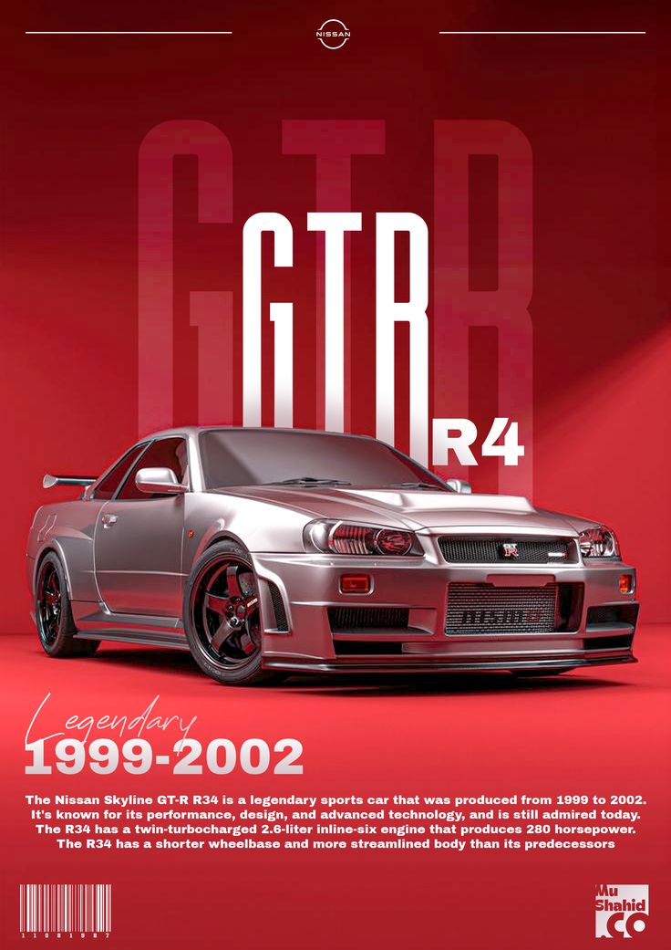 Nissan Skyline GT-R R34 on a red background with text about the car's history.