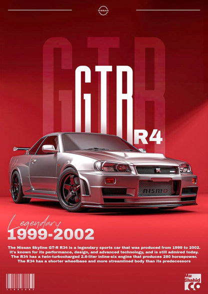 Nissan Skyline GT-R R34 on a red background with text about the car's history.