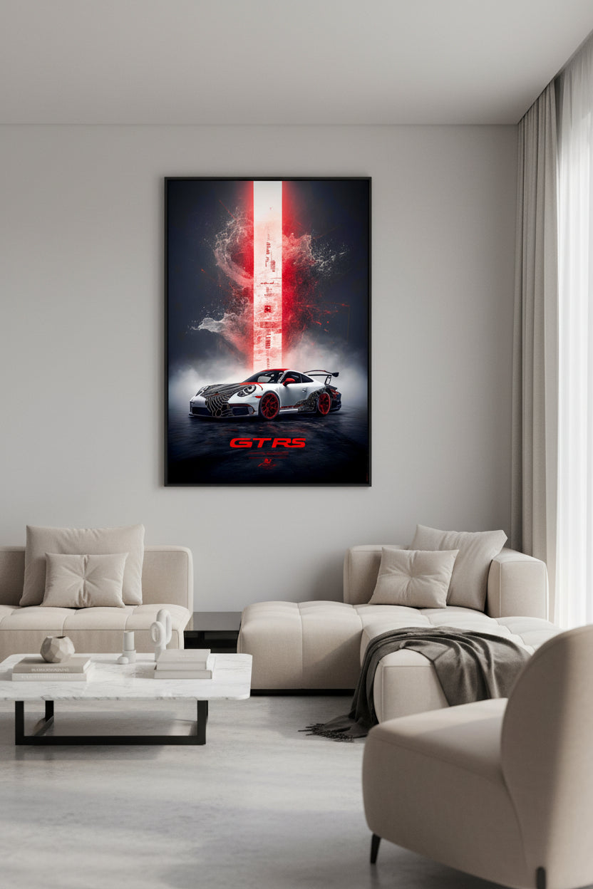Living room with a sports car poster on the wall