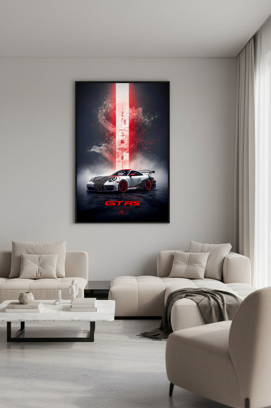 Living room with a sports car poster on the wall