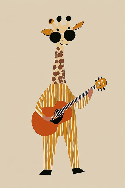 Illustration of a giraffe wearing sunglasses and playing an acoustic guitar on a beige background