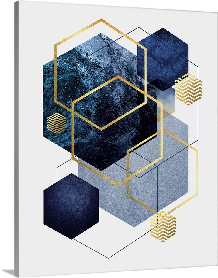 Geometric abstract design with blue and gold shapes on a white background