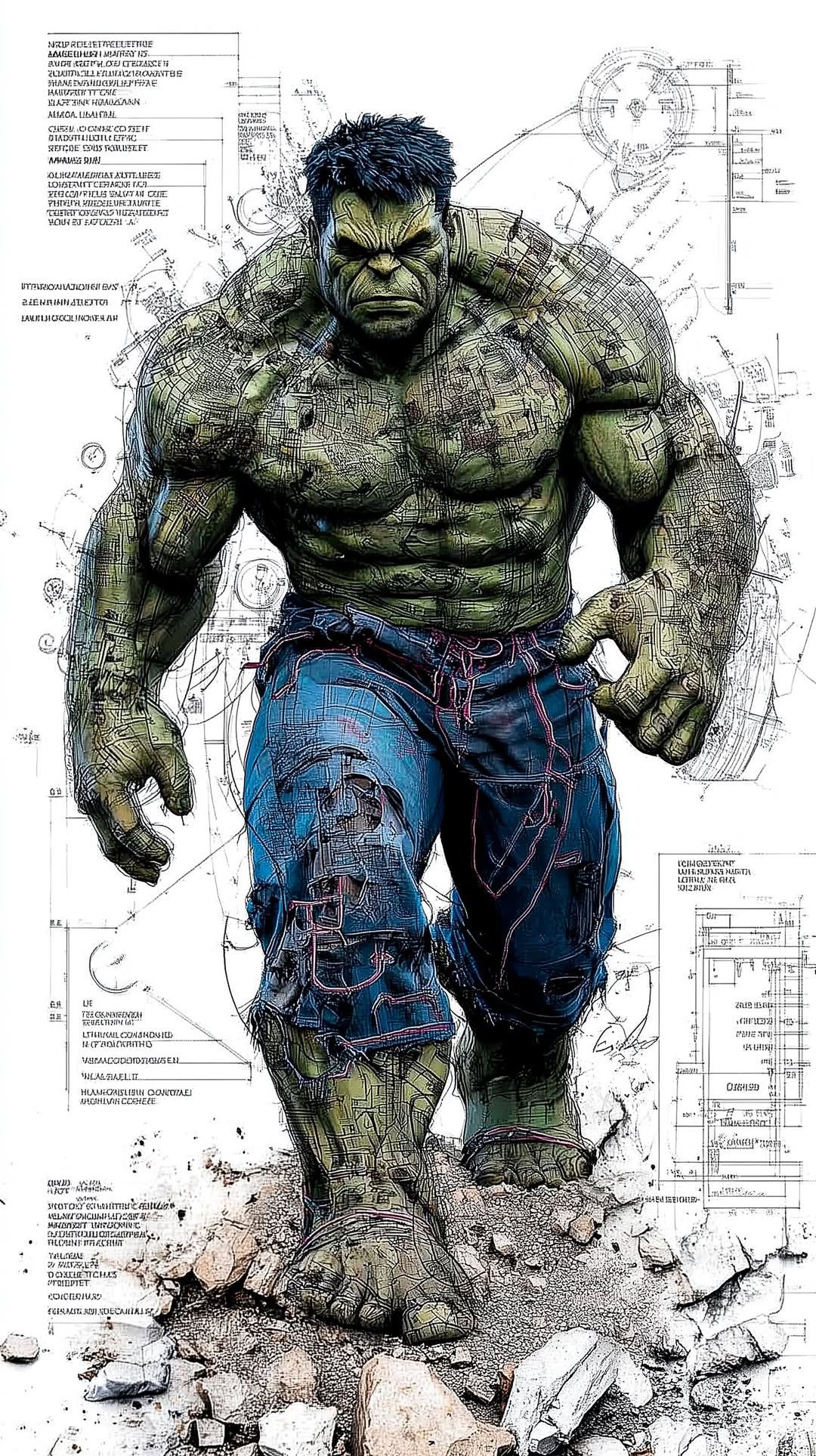 Green superhero character in blue pants standing amidst rubble with technical drawings in the background