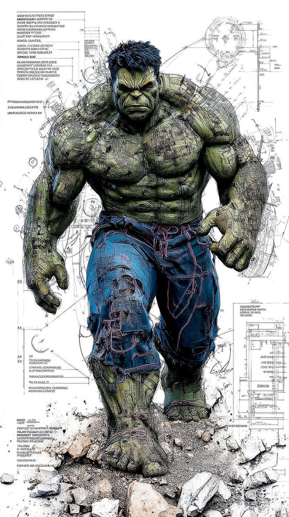 Green superhero character in blue pants standing amidst rubble with technical drawings in the background