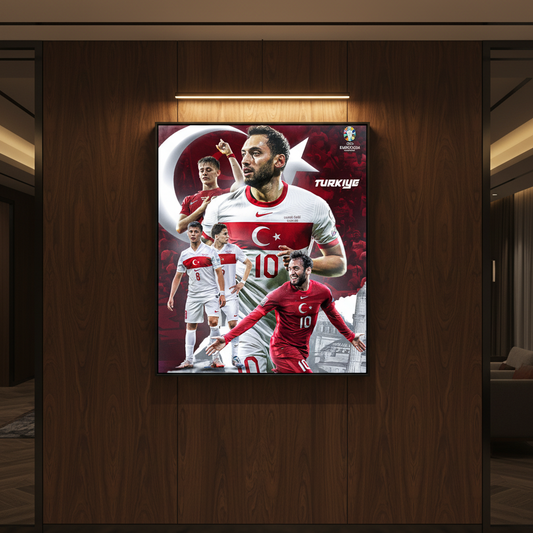 Poster of Turkish soccer players on a wooden wall