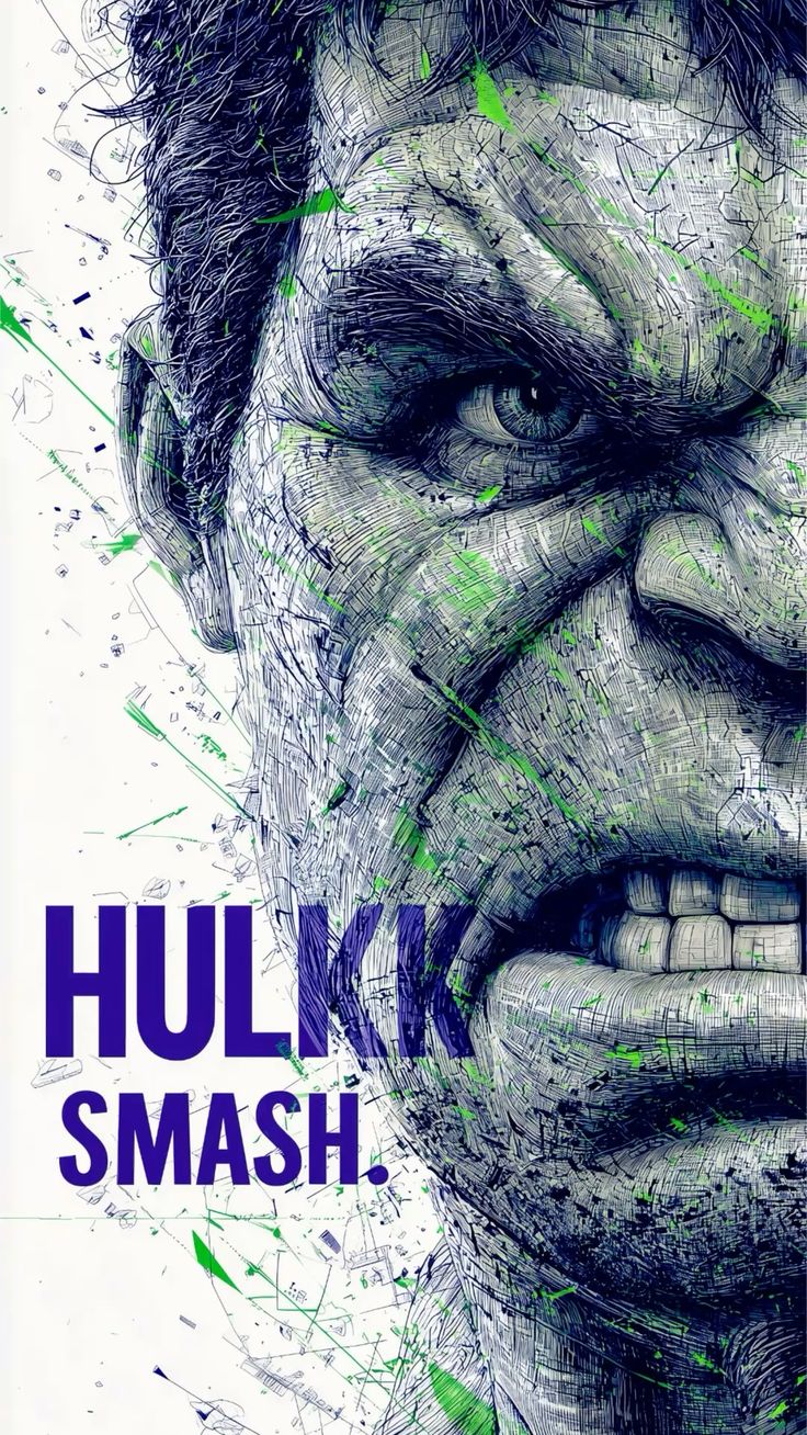 Close-up of a character's face with 'Hulkk Smash' text, featuring green and gray colors.