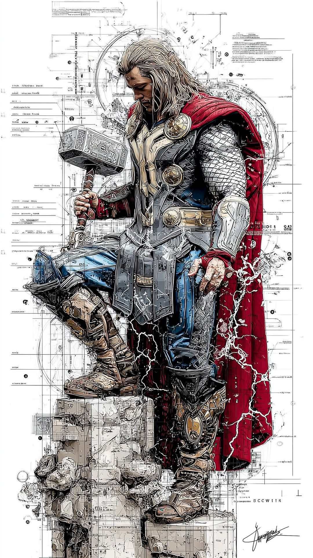 Illustration of a character holding a hammer on a technical drawing background