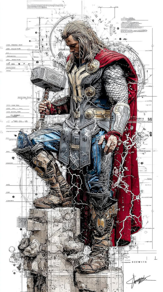 Illustration of a character holding a hammer on a technical drawing background