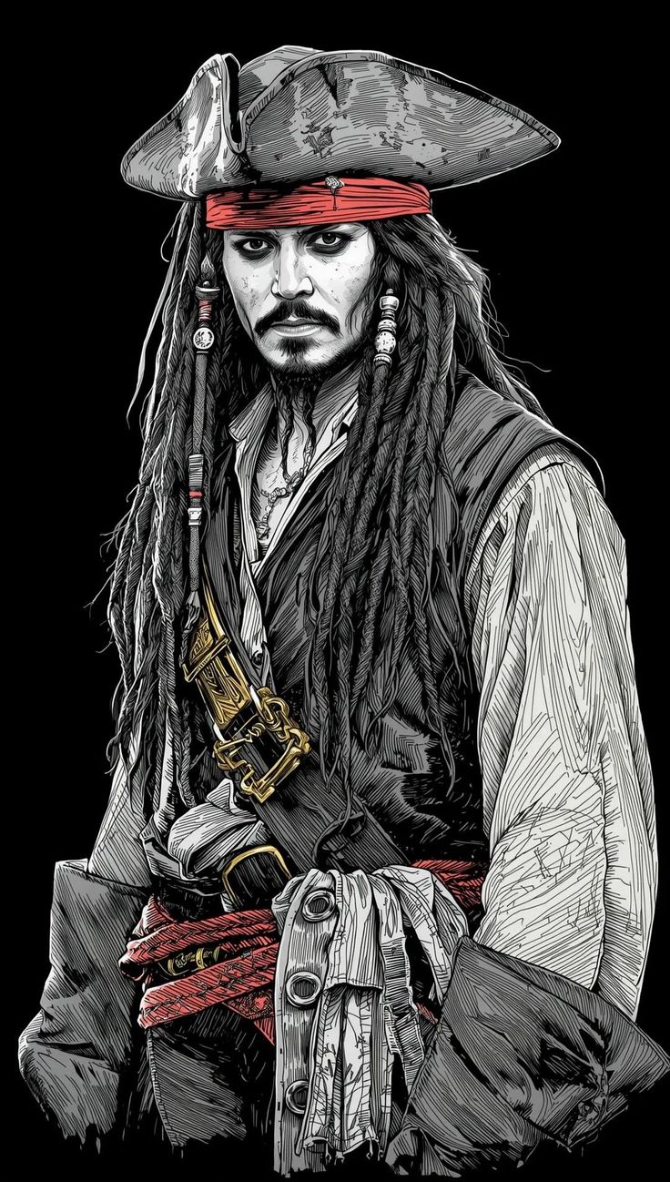 Illustration of a pirate character with a hat, sword, and bandana on a black background