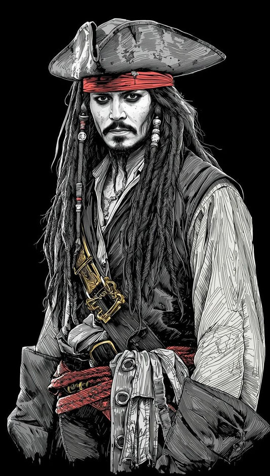 Illustration of a pirate character with a hat, sword, and bandana on a black background