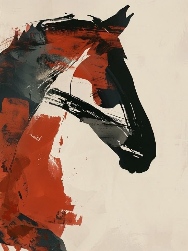 Abstract painting of a horse's head with red and black strokes on a beige background