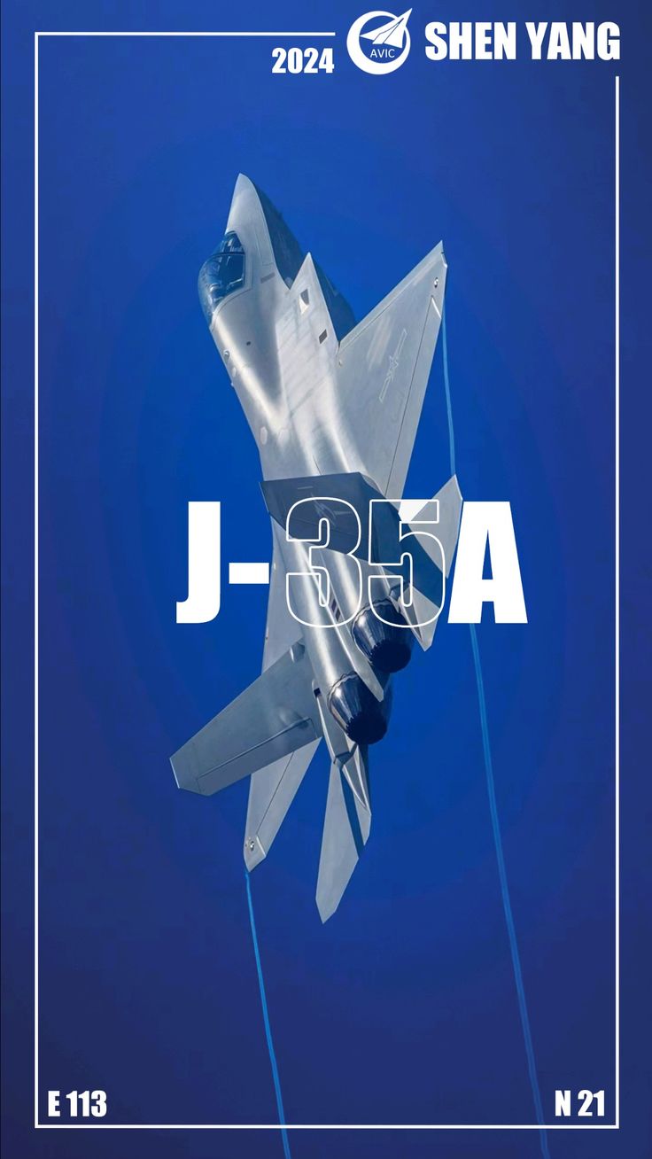 Futuristic aircraft with 'J-35A' text on a blue background, featuring the Shen Yang logo.
