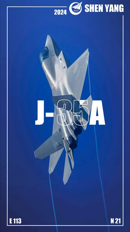 Futuristic aircraft with 'J-35A' text on a blue background, featuring the Shen Yang logo.