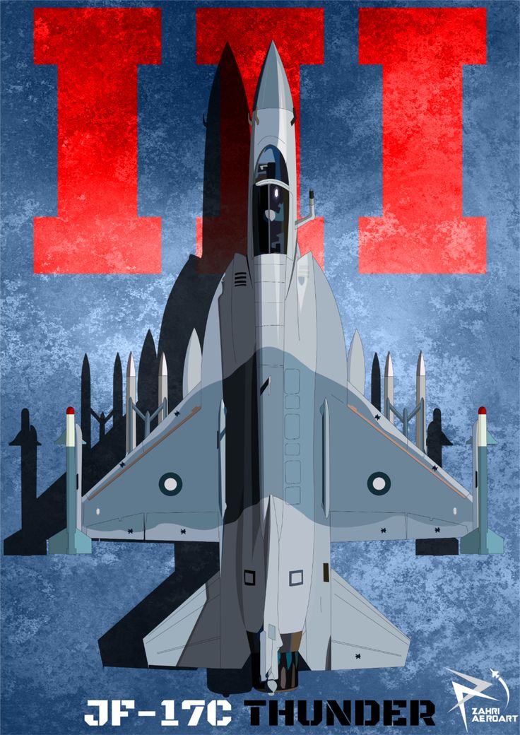 Illustration of a fighter jet with 'JF-17C Thunder' text on a blue background with red lettering.