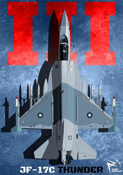 Illustration of a fighter jet with 'JF-17C Thunder' text on a blue background with red lettering.