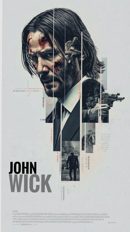 Movie poster for 'John Wick' featuring a stylized portrait of the main character with text and images.