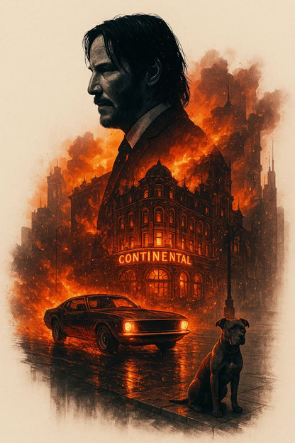 Artistic depiction of a man, car, and dog with a fiery background featuring the Continental Hotel.