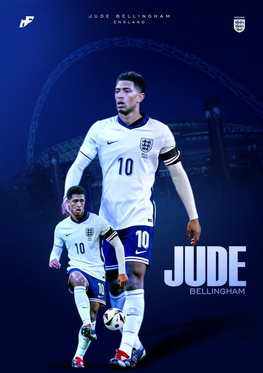 Soccer player in England jersey with 'Jude Bellingham' text on a blue background