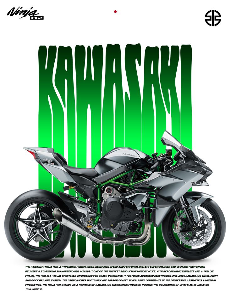 Kawasaki motorcycle with green and white text on a white background