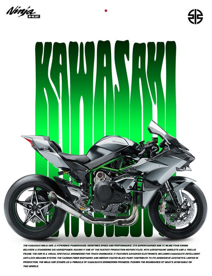 Kawasaki motorcycle with green and white text on a white background