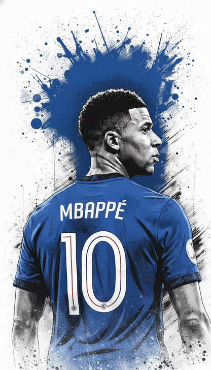 Soccer player wearing a blue jersey with 'Mbappé' and number '10' on a blue and white abstract background